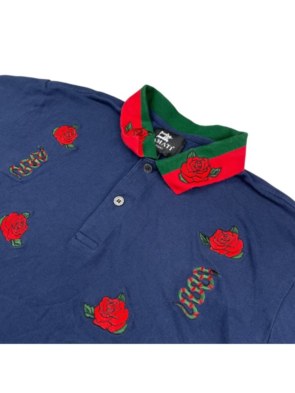 Damati Men's Embroidered Roses/Snakes 100% Cotton S/S Polo Shirt Navy/Red • XL